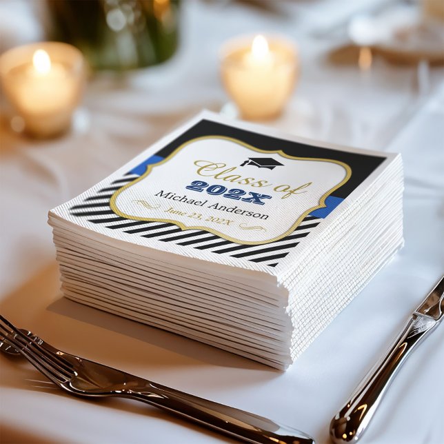 Graduation Gold Blue Black White Stripes Paper Napkins (Creator Uploaded)