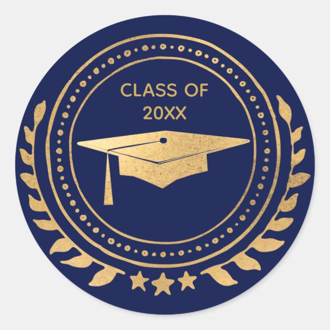 Graduation Gold Blue Grad Cap Classic Class of Classic Round Sticker (Front)
