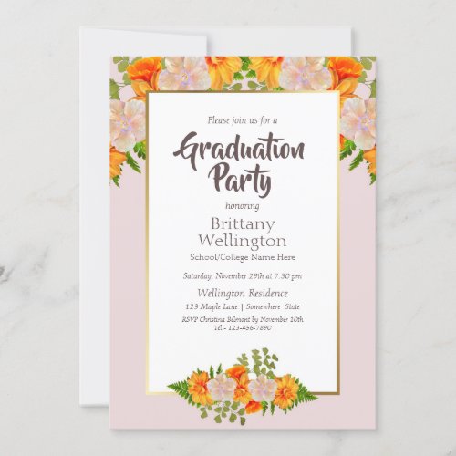 Graduation Gold Blush Pink Orange Floral Party Invitation