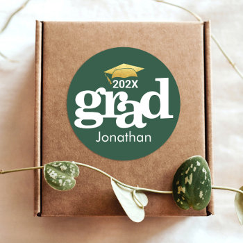 Graduation Gold Bold Modern Typography Green Classic Round Sticker by Luceworks at Zazzle