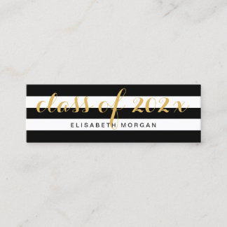 Graduation Gold Calligraphy Black White Stripes Calling Card