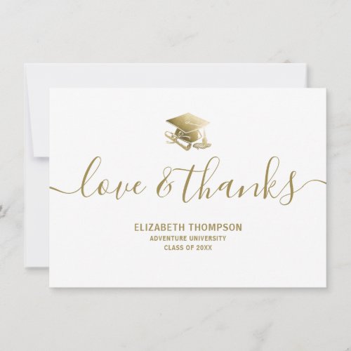 Graduation Gold Cap Love  Thanks Modern Script Thank You Card