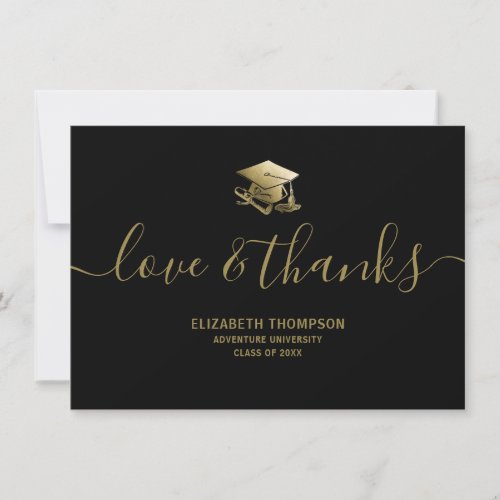 Graduation Gold Cap Love  Thanks Script Black Thank You Card