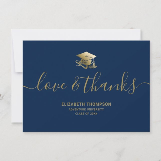 Graduation Gold Cap Love & Thanks Script Blue Thank You Card (Front)