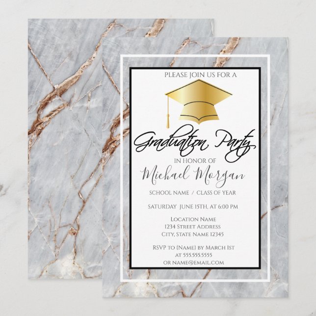 Graduation Gold Cap Marble Stone Graduation Party Invitation (Front/Back)