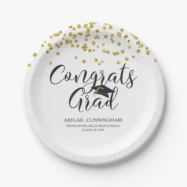 Graduation Gold Confetti CONGRATS GRAD Personalize Paper Plates (Front)