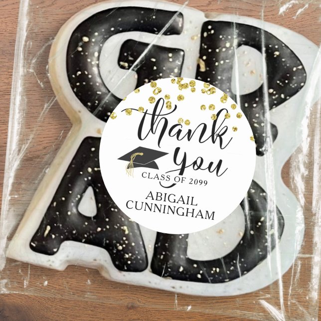 Graduation Gold Confetti Script THANK YOU Classic Round Sticker (Creator Uploaded)