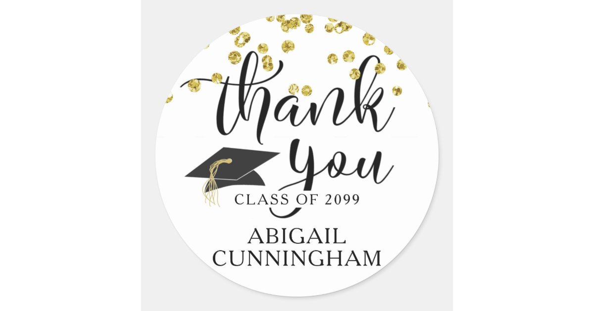 Graduation Gold Confetti Script THANK YOU Classic Round Sticker | Zazzle
