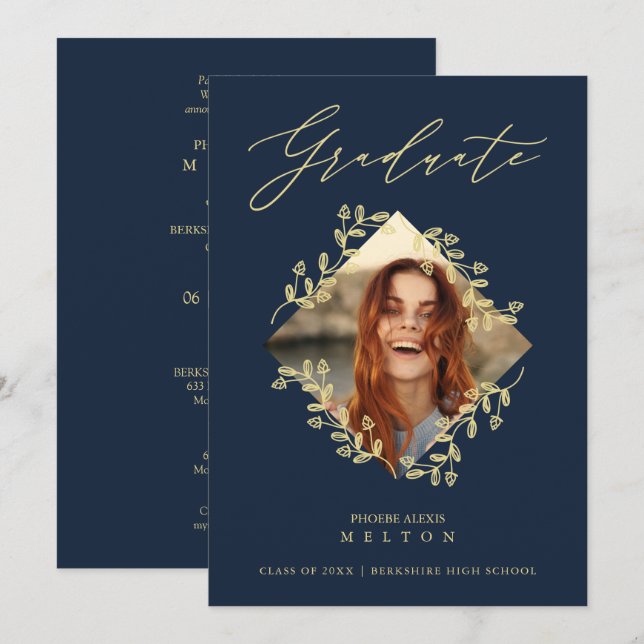 Graduation Gold Diamond Wildflower Navy Photo Invitation (Front/Back)