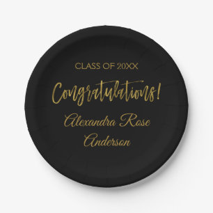 Graduation Gold Foil and Black Congratulations Paper Plates