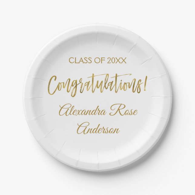 Graduation Gold Foil and White Congratulations Paper Plates (Front)