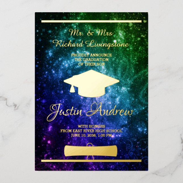 Graduation Gold Foil Galaxy Announcement Card (Front)