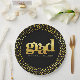 Graduation gold foil typography black modern bold paper plates