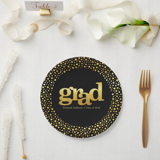Graduation gold foil typography black modern bold paper plates (Wedding)