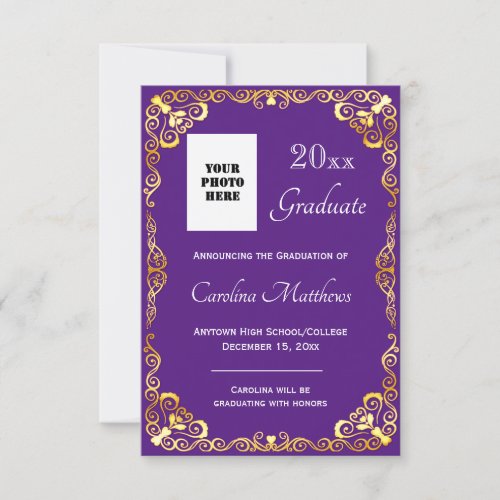 Graduation Gold Frame Purple Announcement