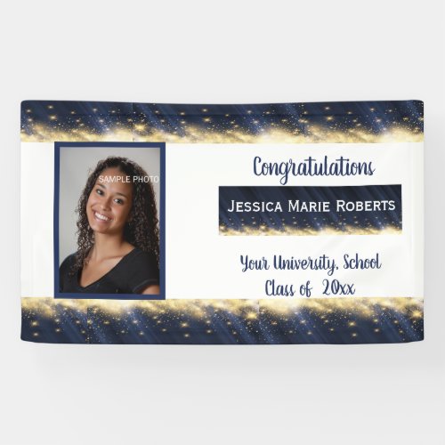 Graduation Gold Glitter on Blue Custom Photo Banner