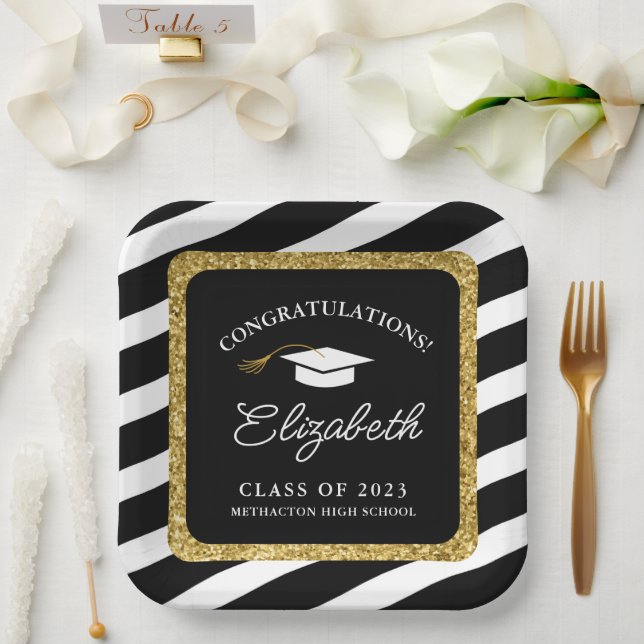 Graduation Gold Glitter Script Graduation Party  Paper Plates (Wedding)