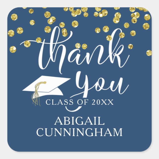 Graduation Gold Glitter Script THANK YOU Square St Sticker (Front)