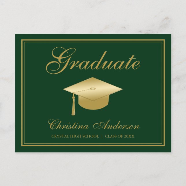 Graduation Gold Grad Cap & Script on Green Party Invitation Postcard (Front)