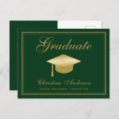 Graduation Gold Grad Cap & Script on Green Party Invitation Postcard (Front/Back)