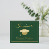 Graduation Gold Grad Cap & Script on Green Party Invitation Postcard (Standing Front)