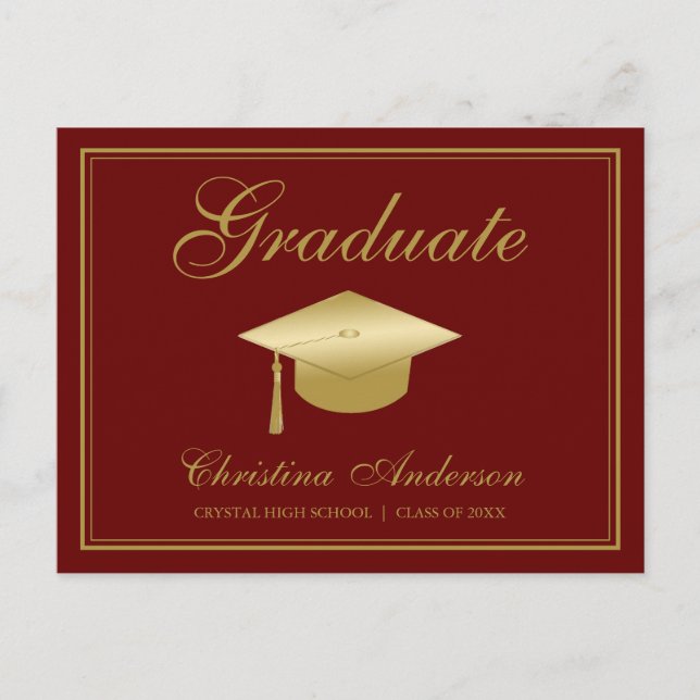 Graduation Gold Grad Cap & Script on Maroon Party Invitation Postcard (Front)