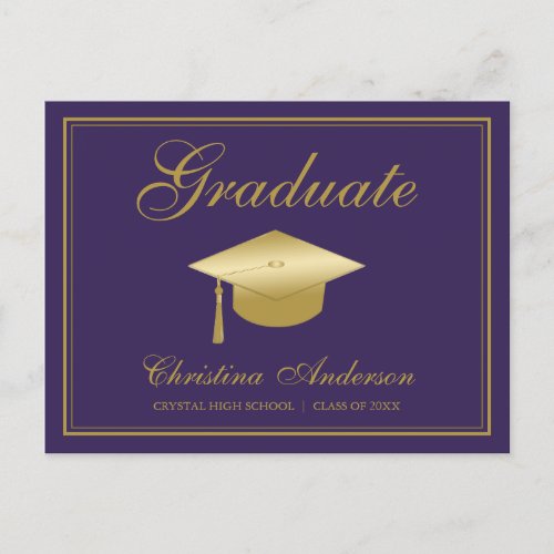 Graduation Gold Grad Cap  Script on Purple Party Invitation Postcard