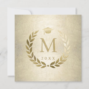 Graduation Gold Laurel Wreath Grad Cap Monogrammed Invitation
