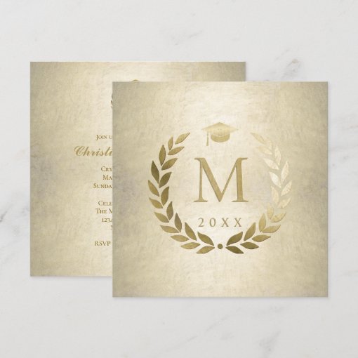 Graduation Gold Laurel Wreath Grad Cap Monogrammed Invitation | Zazzle