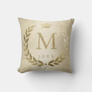 Graduation Gold Laurel Wreath Monogrammed Initial Throw Pillow
