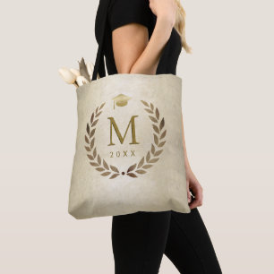 Graduation Gold Laurel Wreath Monogrammed Initial Tote Bag