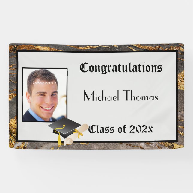 Graduation Gold Leaf Stone Mortar Board Banner (Horizontal)