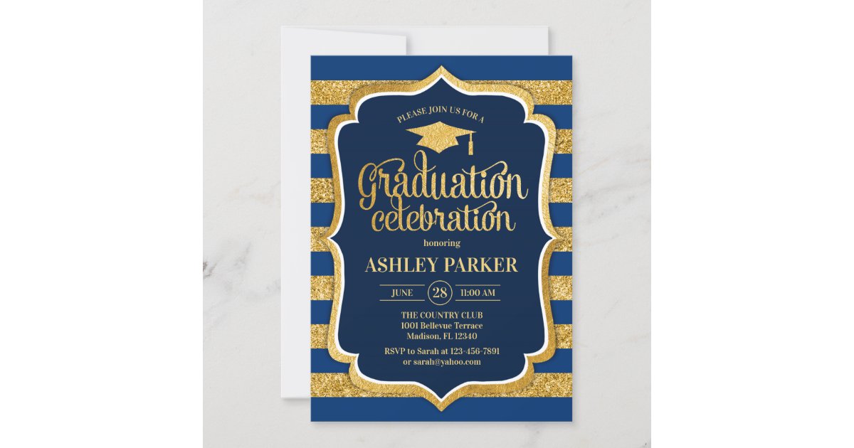 Graduation - Gold Navy Blue Stripes Invitation | Zazzle