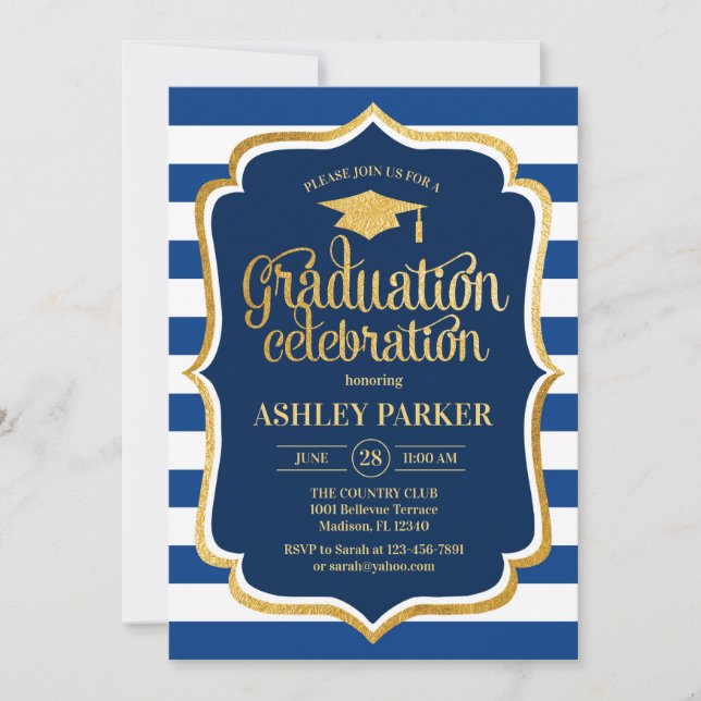 Graduation - Gold Navy Blue White Stripes Invitation (Front)