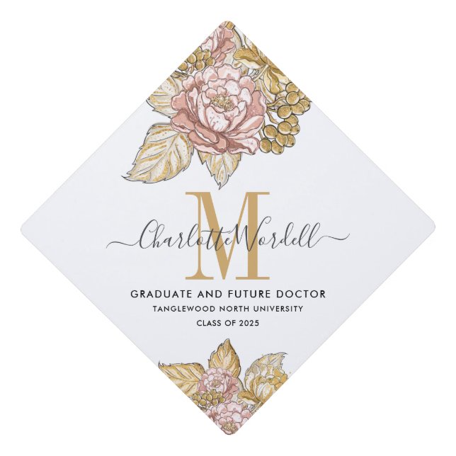 Graduation Gold Pink Floral Monogram Nurse   Graduation Cap Topper (Front)