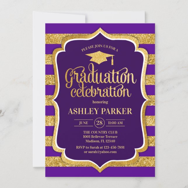Graduation - Gold Purple Stripes Invitation (Front)