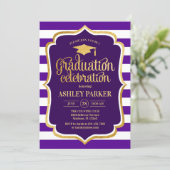 Graduation - Gold Purple White Stripes Invitation (Standing Front)