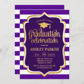 Graduation - Gold Purple White Stripes Invitation (Front/Back)