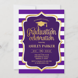Graduation - Gold Purple White Stripes Invitation