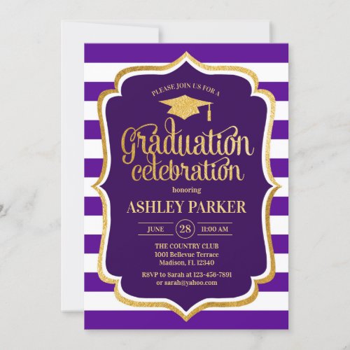 Graduation _ Gold Purple White Stripes Invitation