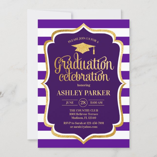 Graduation - Gold Purple White Stripes Invitation (Front)
