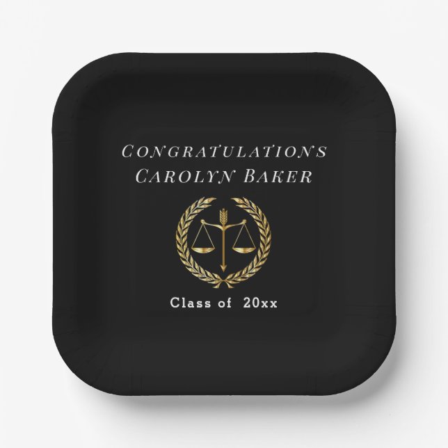 Graduation Gold Scales of Justice Laurel Wreath Paper Plates (Front)