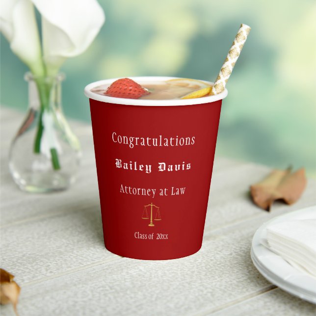 Graduation Gold Scales of Justice Red  Paper Cups (Insitu)