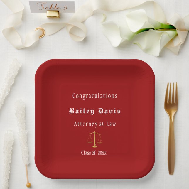 Graduation Gold Scales of Justice Red Paper Plates (Wedding)