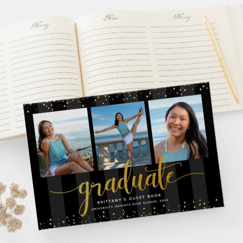 Graduation gold script black stripe photo collage guest book