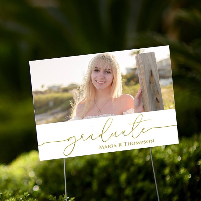 Graduation Gold Script Custom Photo Sign (Graduation gold calligraphy script custom yard sign.)