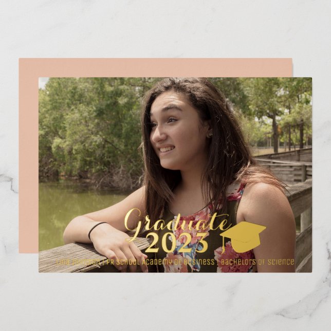 Graduation Gold Script Pressed Foil Photo Invitation (Front/Back)