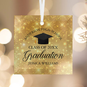 Graduation Gold Sparkle Custom School Christmas Glass Ornament