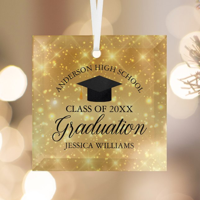 Graduation Gold Sparkle Custom School Christmas Glass Ornament (Creator Uploaded)
