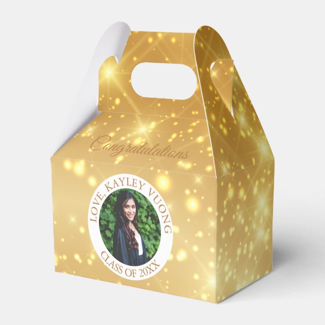 Graduation Gold Sparkle Custom Senior Photo Party Favor Boxes (Front Side)